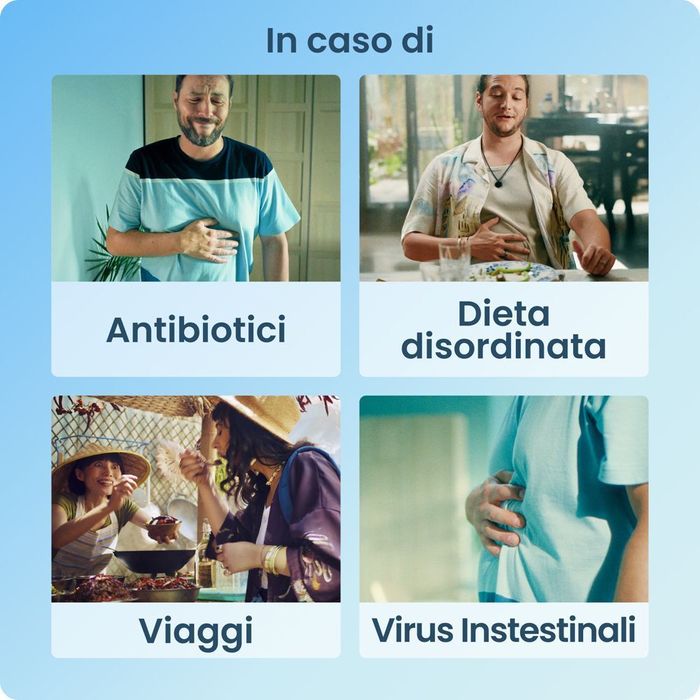 Quattro cause di disturbi intestinali: antibiotici, dieta disordinata, viaggi, virus intestinali.
