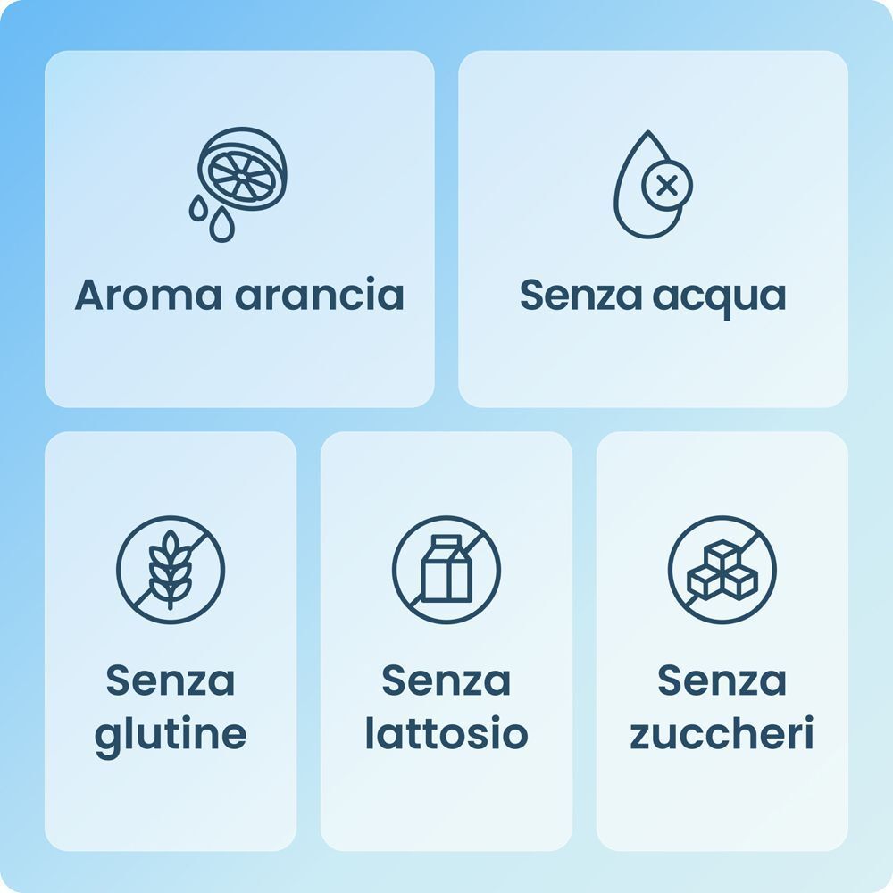 Caratteristiche: aroma arancia, senza acqua, senza glutine, senza lattosio, senza zuccheri.