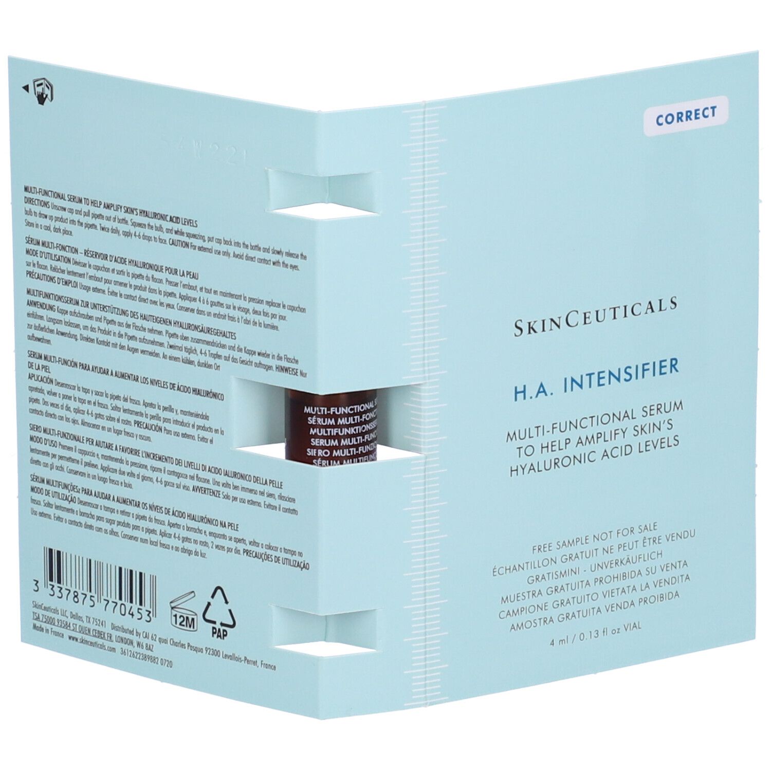 Confezione con Siero Multi-Funzionale. Testo: SKINCEUTICALS, H.A. Intensifier. Campione gratuito. 4 ml/0.13 fl oz. Codice a barre e simboli di riciclo.