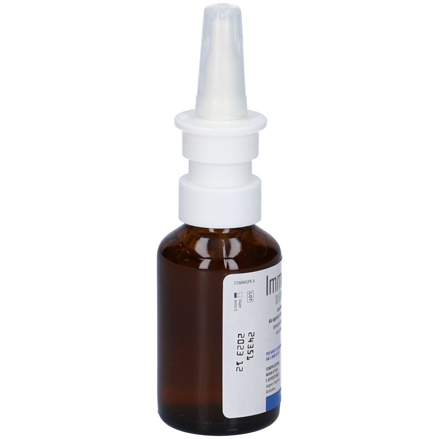 Flacone in vetro marrone con erogatore bianco. Stampa con data di scadenza. Etichetta con informazioni.