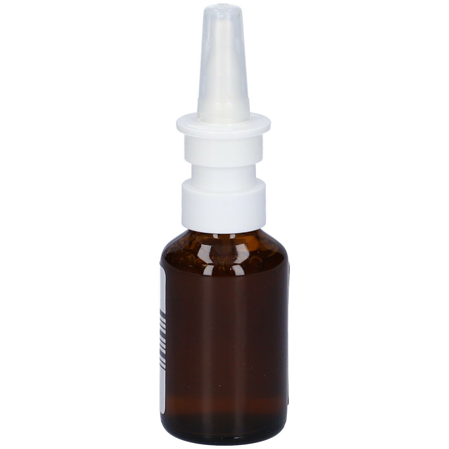 Flacone in vetro marrone con erogatore bianco. Etichetta con informazioni. Vista laterale del prodotto.