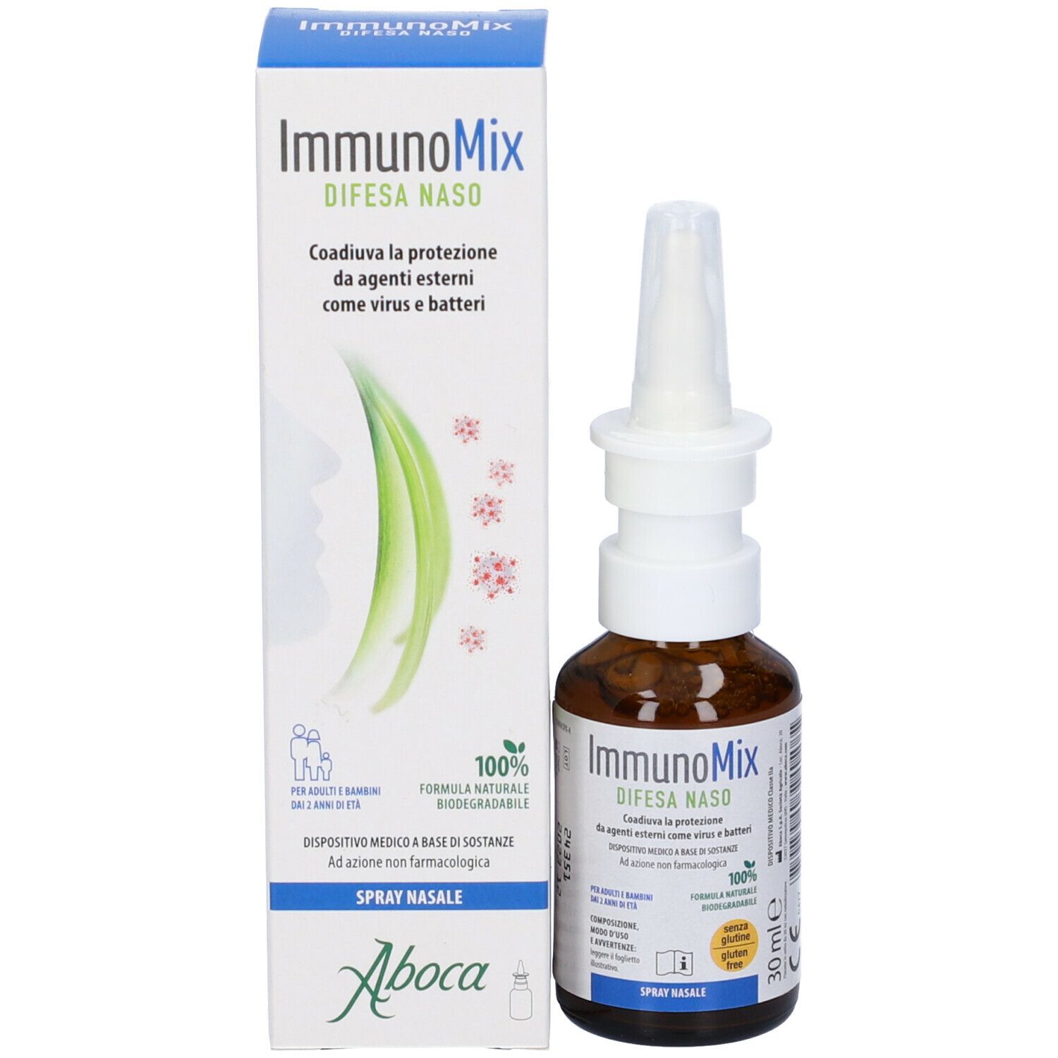 Flacone e scatola del prodotto. Scritta: ImmunoMix Difesa Naso. 30 ml. Senza glutine. Aboca.