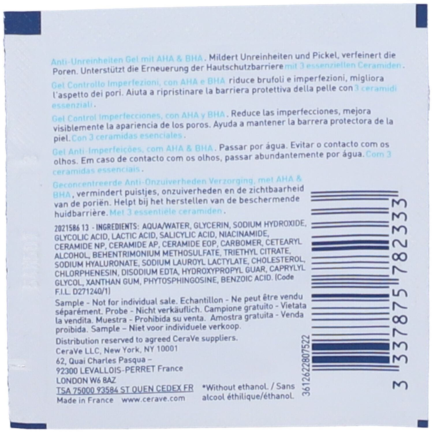 Retro della bustina campione CeraVe Blemish Control Gel. Testo multilingue. Contiene ingredienti e contatti.