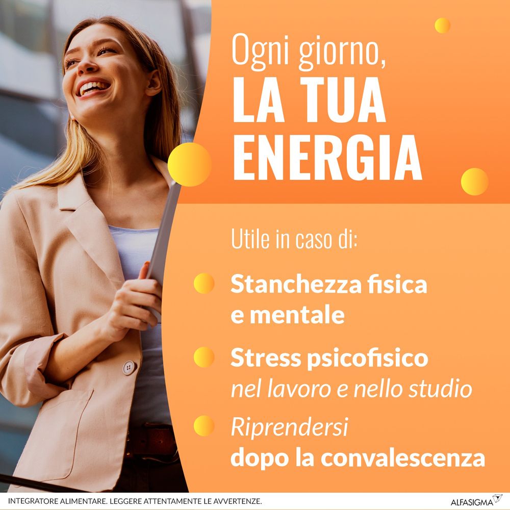Immagine pubblicitaria con testo: 'Ogni giorno, LA TUA ENERGIA'. Donna sorridente. Testo su affaticamento fisico e mentale, stress e recupero.