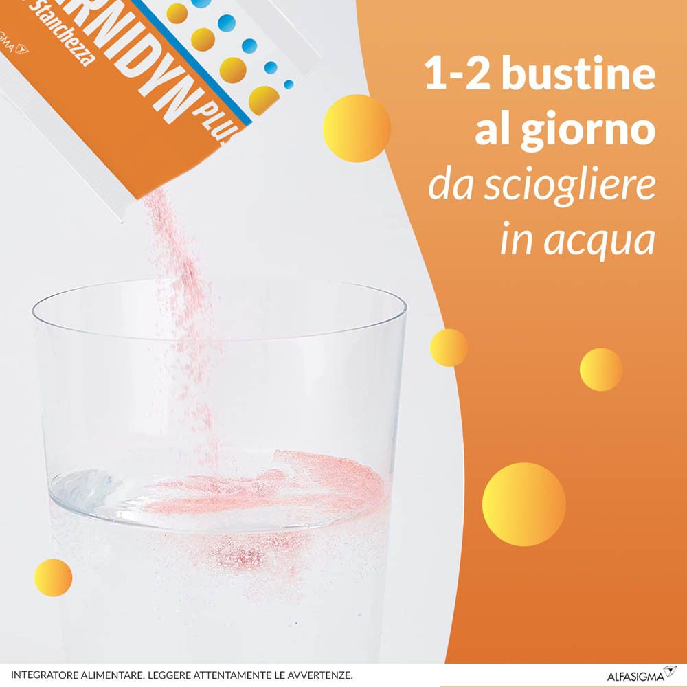 Prodotto sciolto in acqua. Liquido rosa in un bicchiere. Testo: 1-2 bustine al giorno.