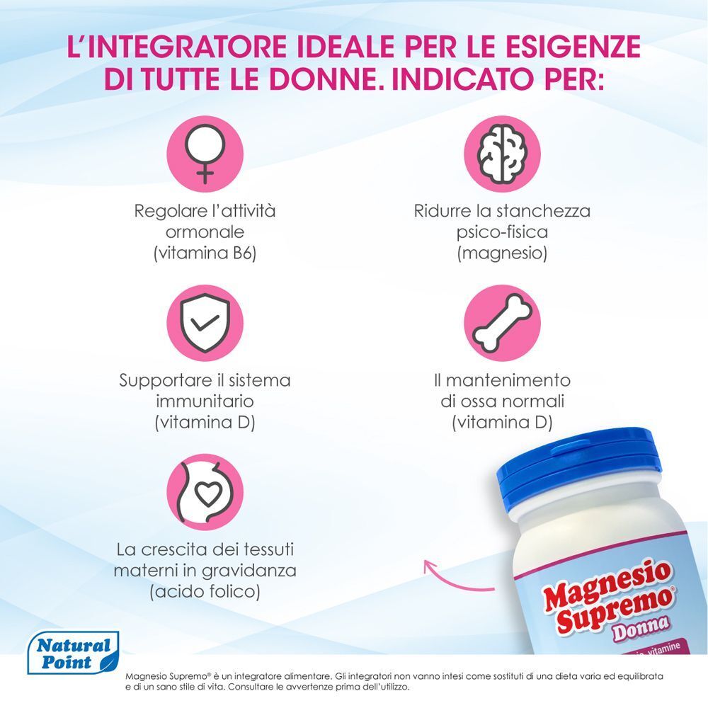 Infografica con icone per attività ormonale, stanchezza mentale, sistema immunitario e salute ossea. Un contenitore è visibile.