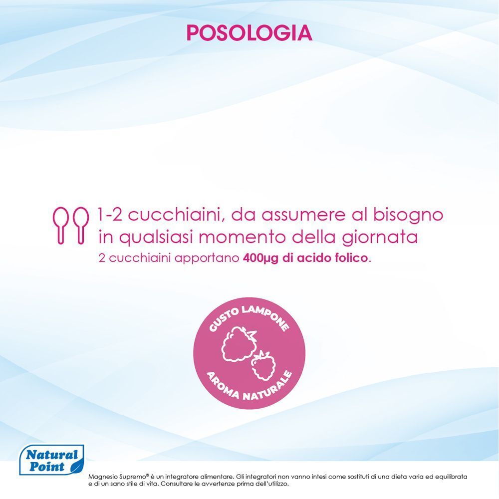 Indicazioni sul dosaggio: 1-2 cucchiaini al bisogno, gusto lampone e aroma naturale.
