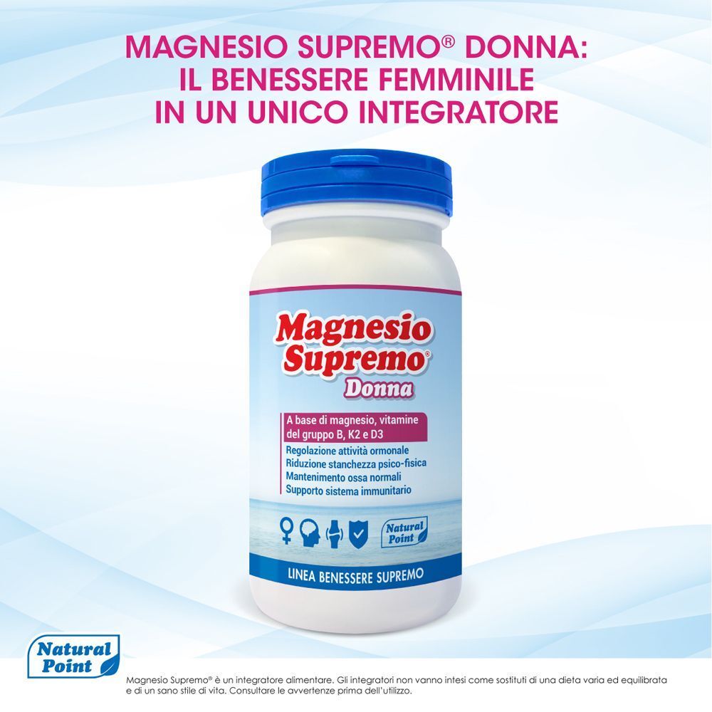 Un contenitore di Magnesio Supremo Donna con tappo blu, che identifica il prodotto come integratore per donne.