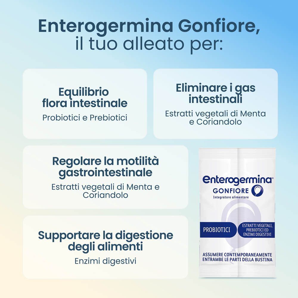 Enterogermina Gonfiore: Probiotici, prebiotici, estratti di finocchio e coriandolo.