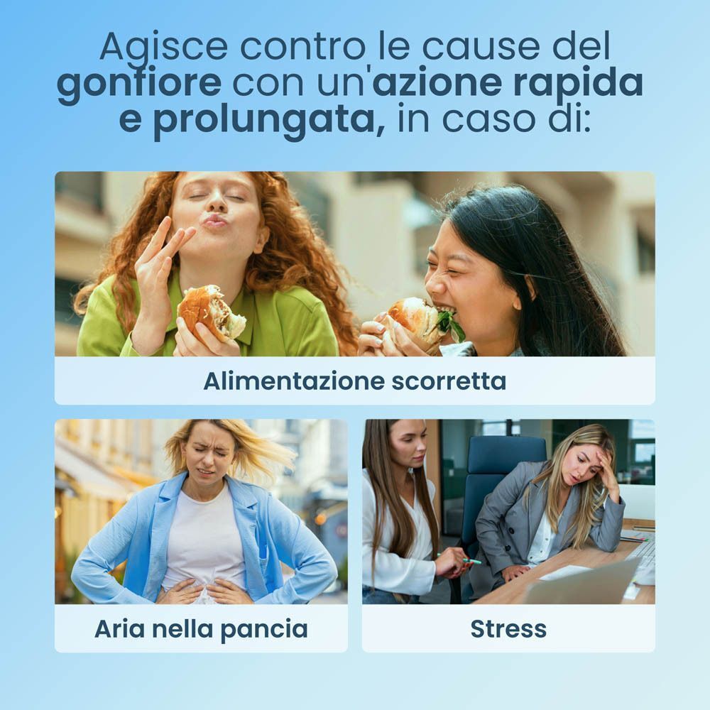 Enterogermina Gonfiore agisce contro gonfiore da alimentazione scorretta, aria nella pancia e stress.