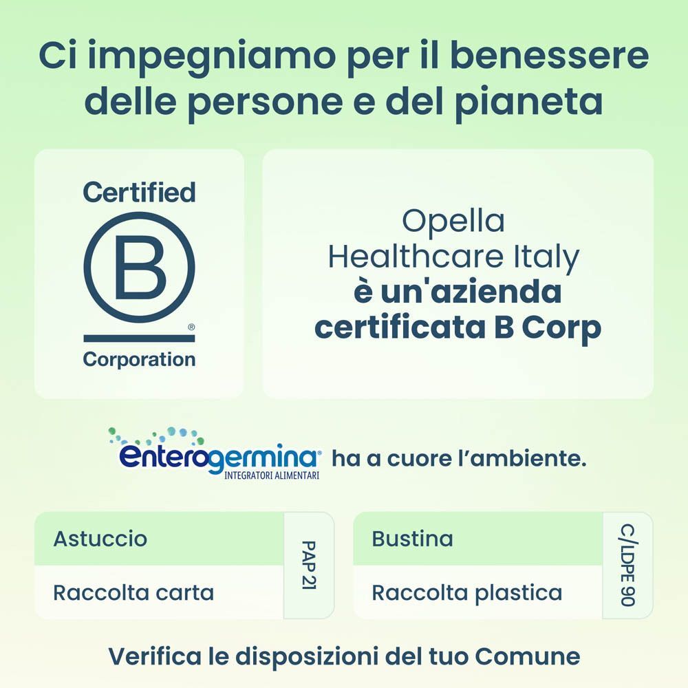 Opella Healthcare Italy è azienda certificata B Corp. Indicazioni per il riciclo imballaggi.