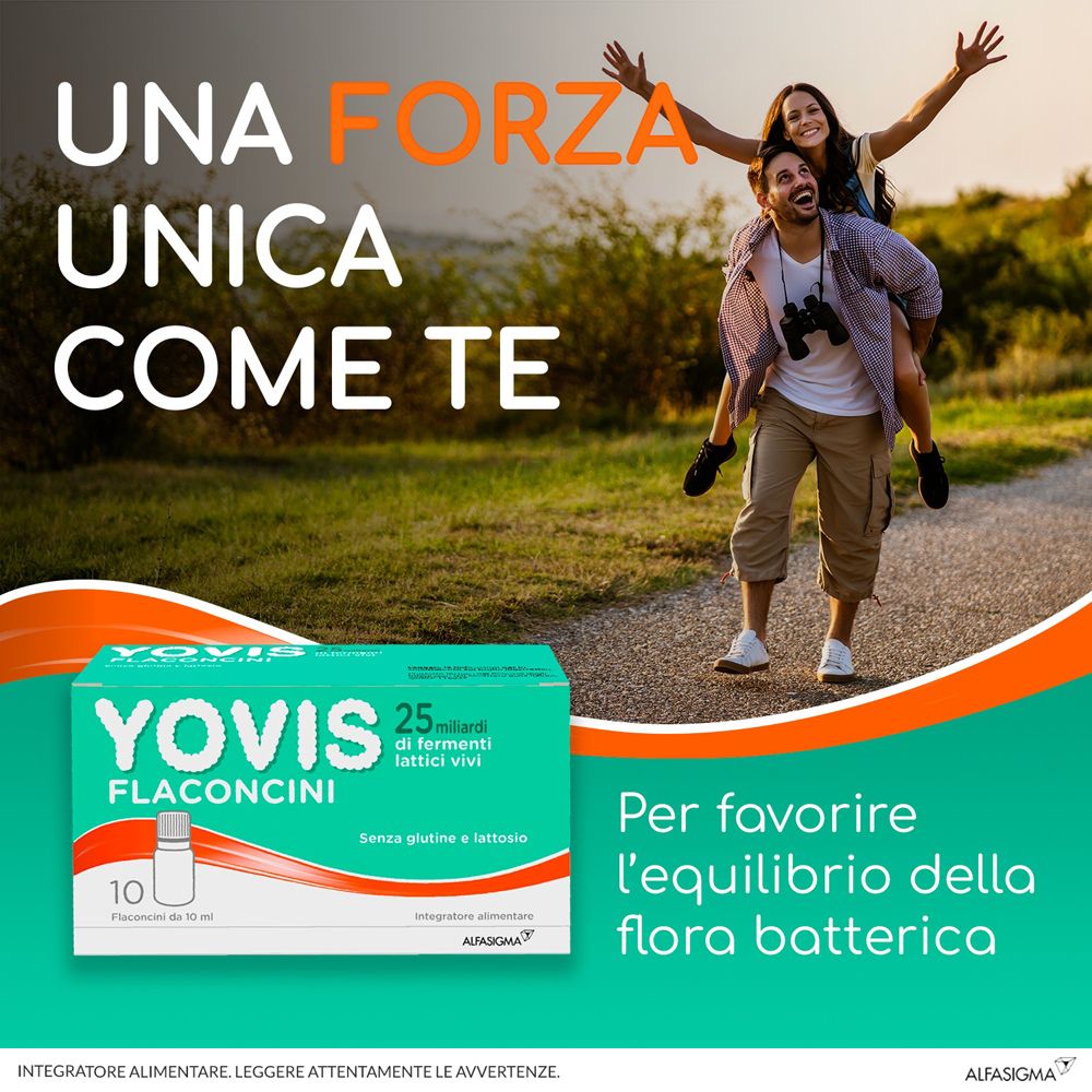 Immagine pubblicitaria con confezione YOVIS Flaconcini. Coppia all'aperto, scatola in basso. Testo: Una Forza Unica Come Te.