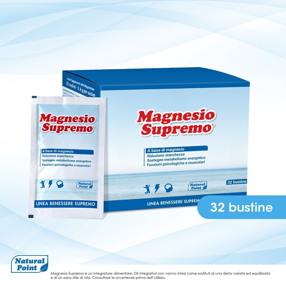 Una confezione e una bustina aperta di Magnesio Supremo®.