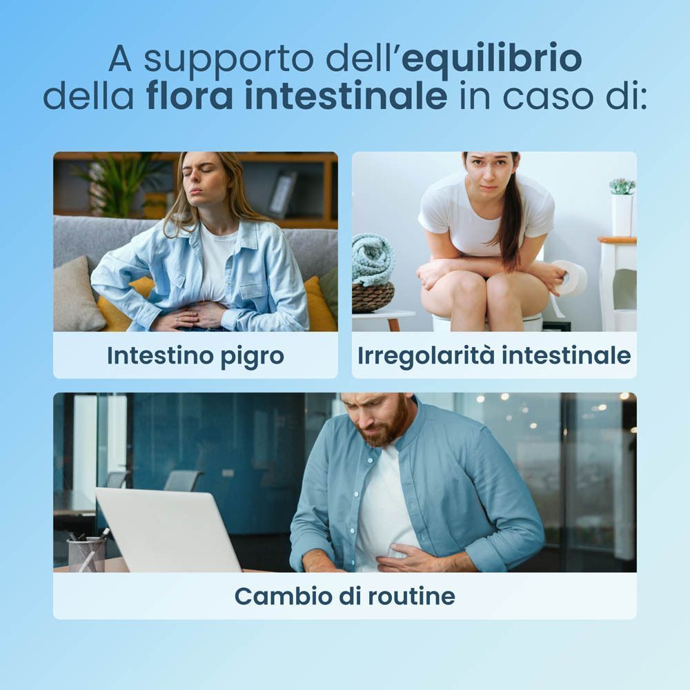 Enterogermina Intestino Pigro supporta la flora intestinale in caso di intestino pigro e irregolarità.
