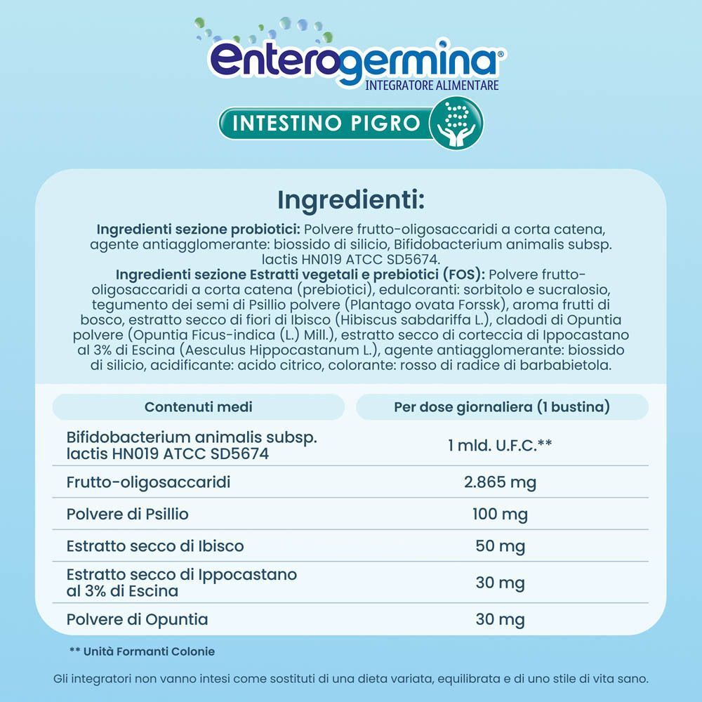 Enterogermina Intestino Pigro: Ingredienti con probiotici, FOS, psillio, ibisco, opuntia.