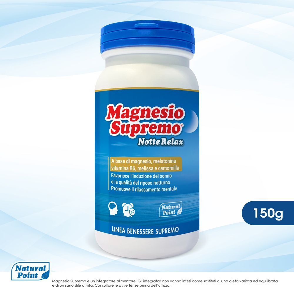 Un contenitore di Magnesio Supremo Notte Relax con tappo blu ed etichetta, 150g.