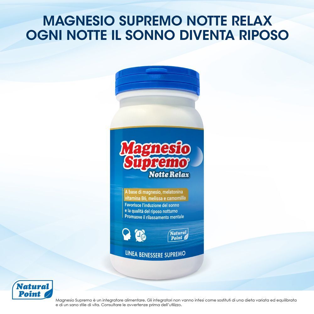 Un contenitore di Magnesio Supremo Notte Relax con tappo blu ed etichetta.