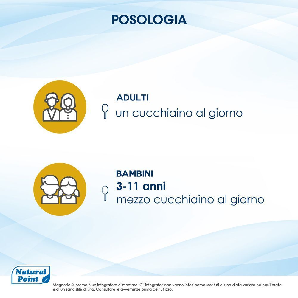 Raccomandazione di dosaggio per Magnesio Supremo Notte Relax per adulti e bambini.