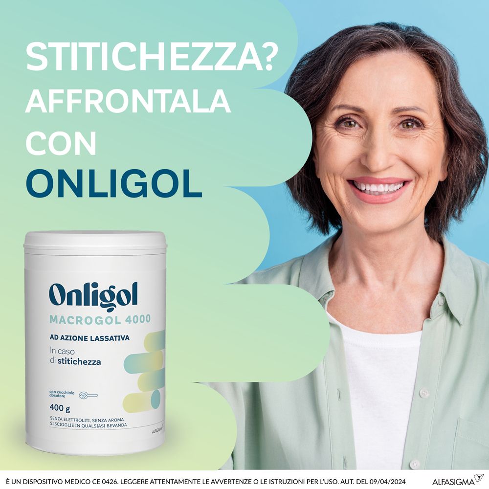 Donna sorridente. Scritta: Stitichezza? Affrontala con Onligol. Accanto, barattolo con Onligol, Macrogol 4000, ad azione lassativa.