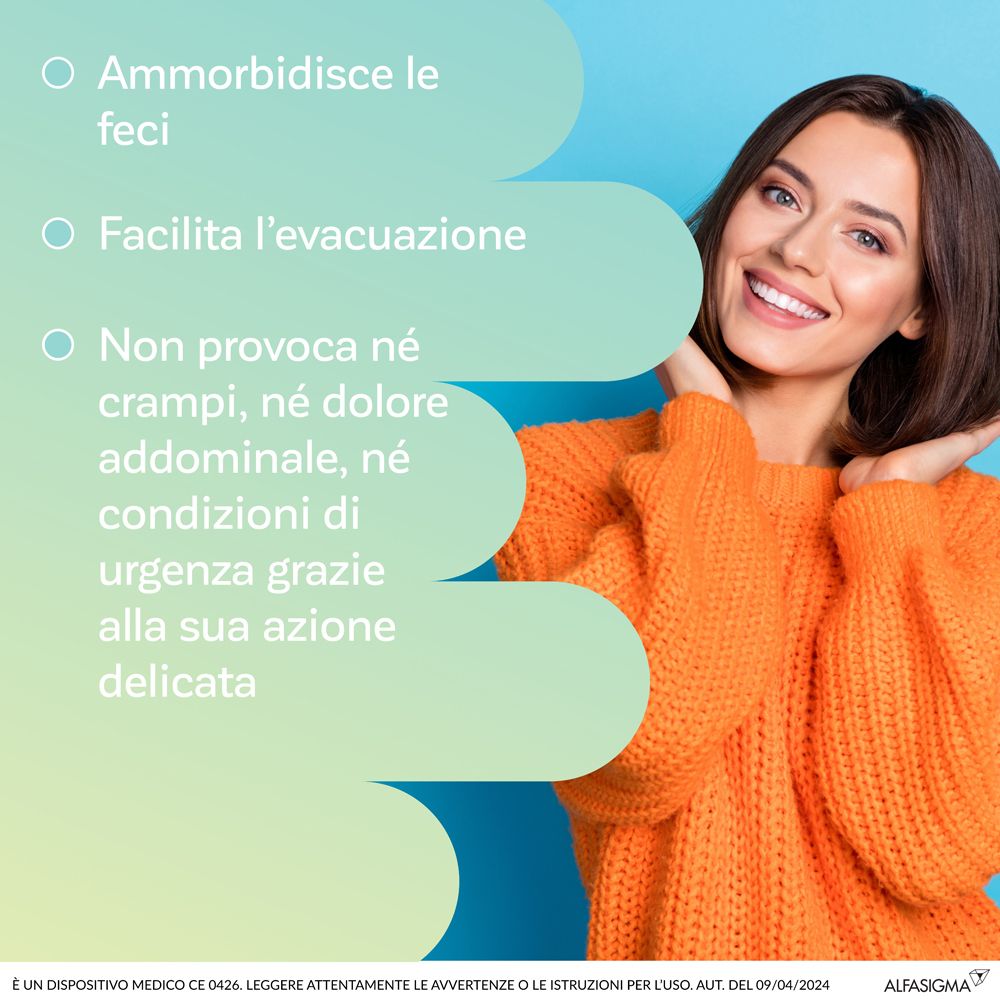 Donna sorridente. Testo: Ammorbidisce le feci, Facilita l'evacuazione, Non provoca né crampi, né dolore addominale.