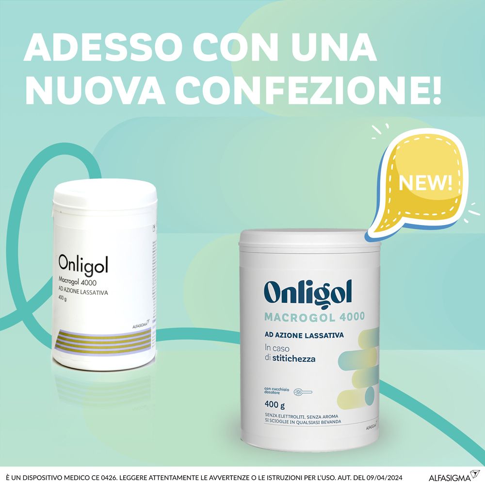 Due barattoli. Scritta: Onligol Macrogol 4000, ad azione lassativa, 400g. Avviso giallo: NEW!