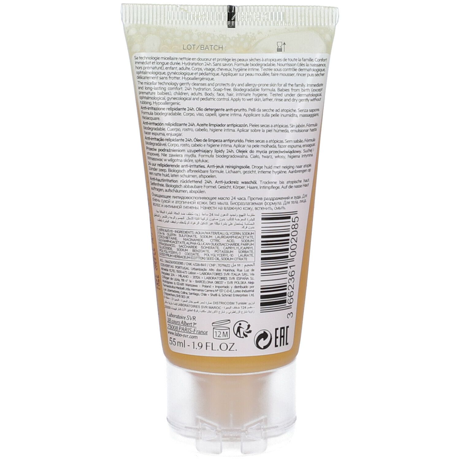 Retro del tubo giallo. Testo multilingue. Codice a barre e informazioni del produttore. 55ml.