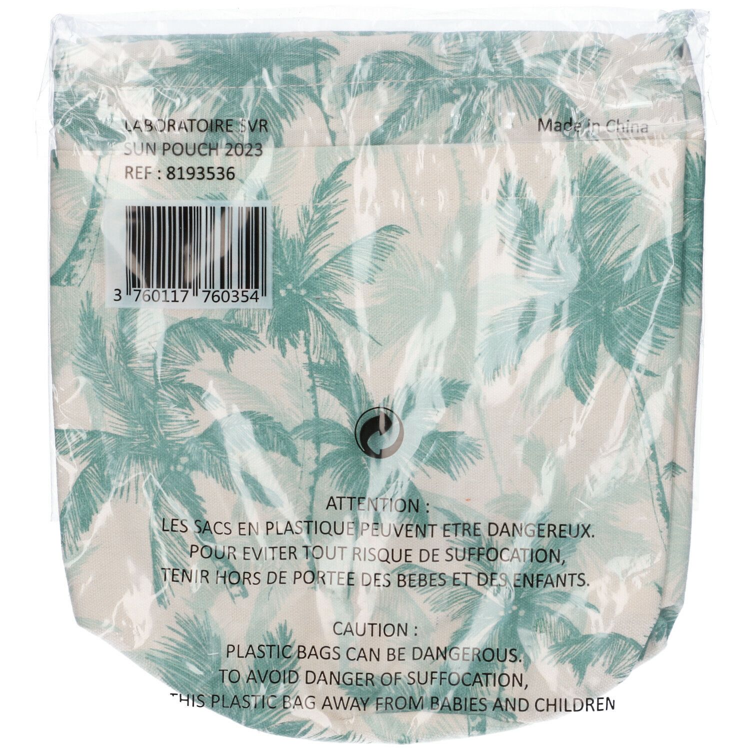 Retro della borsetta con motivo palme. Testo: Laboratoire SVR, SUN POUCH 2023, REF: 8193536. Codice a barre. Avvertenze.