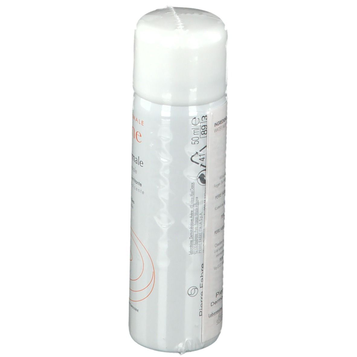 Spray bianco con tappo bianco, vista laterale. Scritta: Eau Thermale Avène. Informazioni sulla composizione.