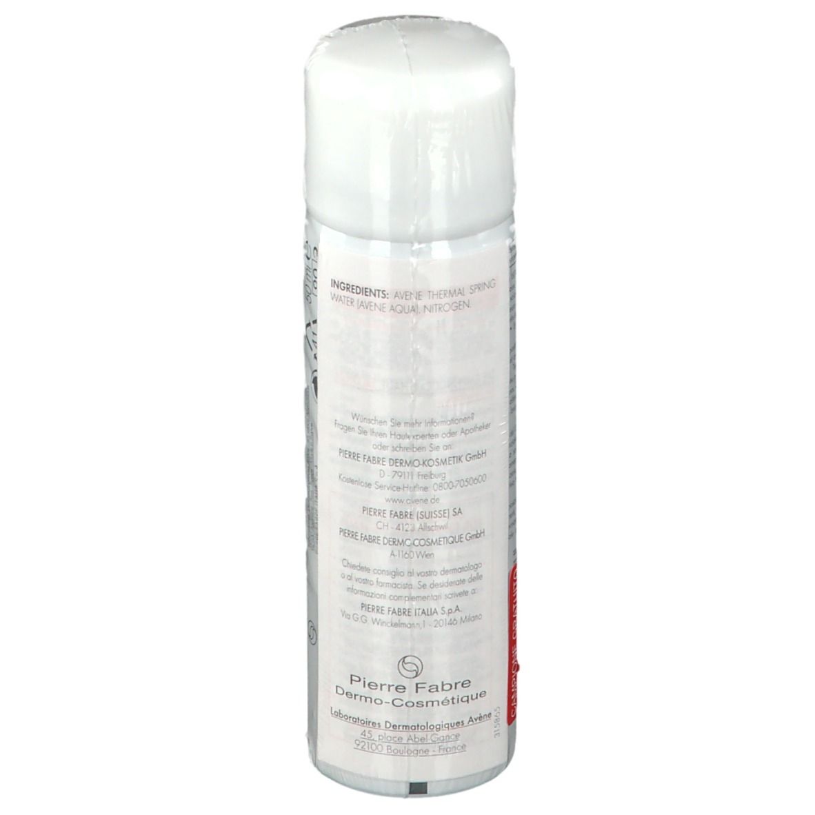 Spray bianco con tappo bianco, vista posteriore. Scritta: Eau Thermale Avène. Ingredienti e produttore.