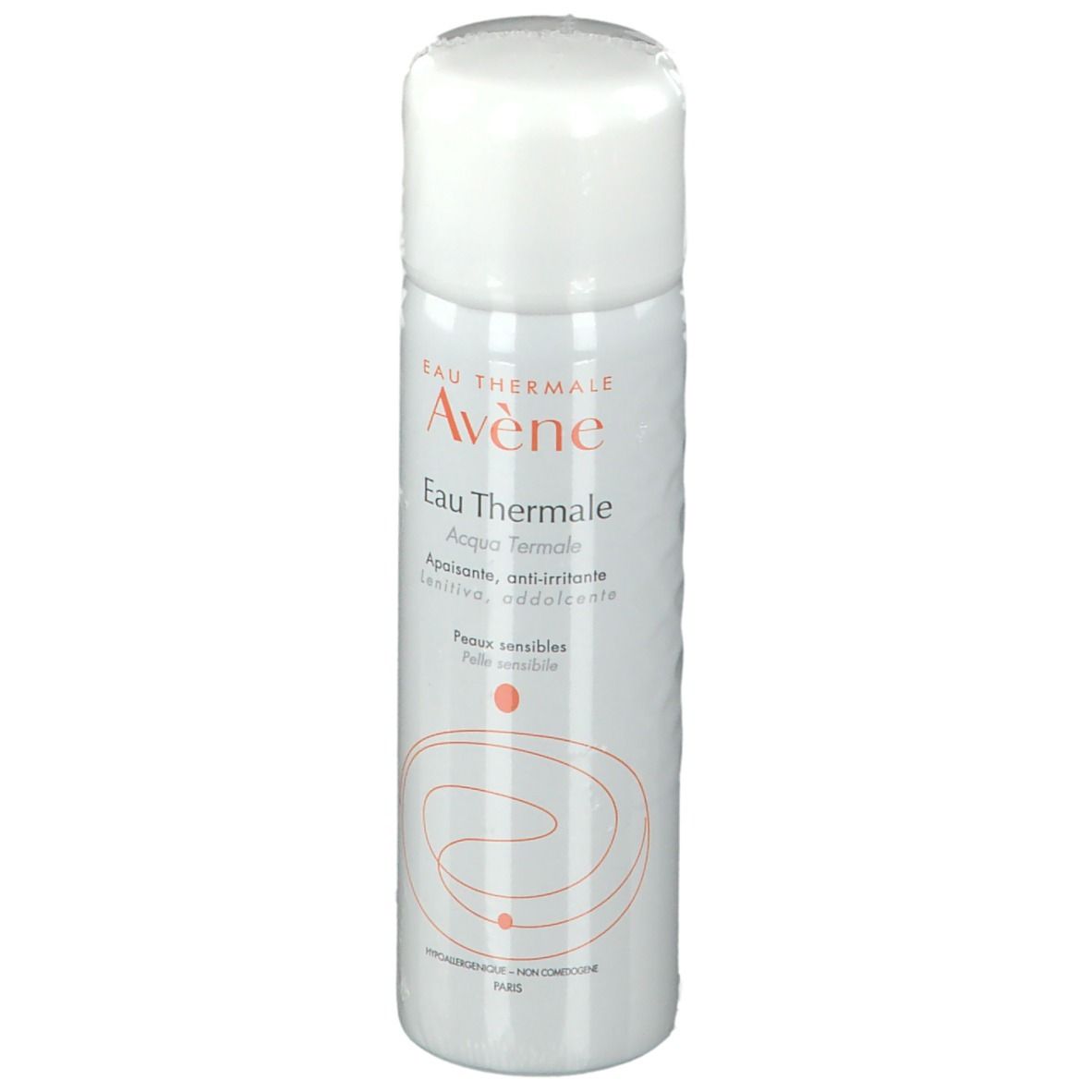 Spray bianco con tappo bianco. Scritta: Eau Thermale Avène, Acqua Termale. Per pelli sensibili.