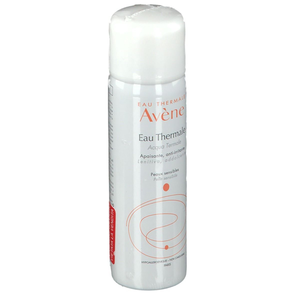 Spray bianco con tappo bianco. Scritta: Eau Thermale Avène, Acqua Termale. Per pelli sensibili.