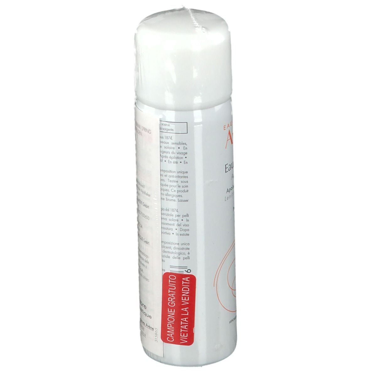 Spray bianco con tappo bianco, vista laterale. Scritta: Eau Thermale Avène. Indicazione: Campione gratuito, vietata la vendita.