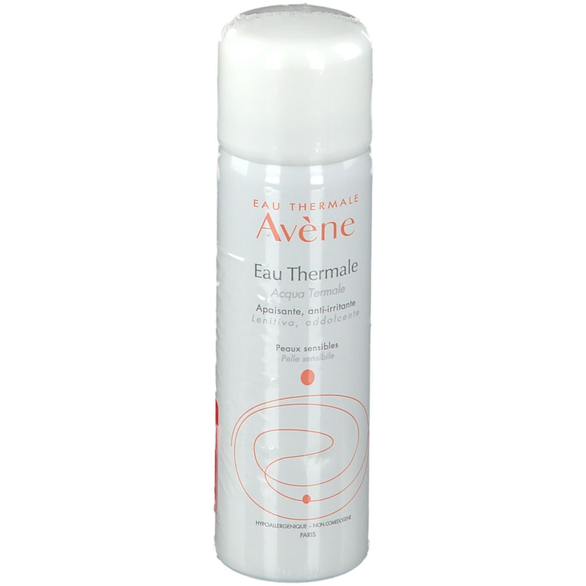 Spray bianco con tappo bianco. Scritta: Eau Thermale Avène, Acqua Termale. Per pelli sensibili.