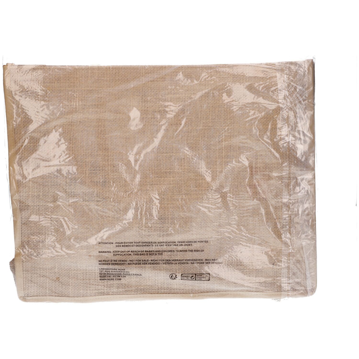 Borsa beige in confezione trasparente. Retro con testo e simboli.