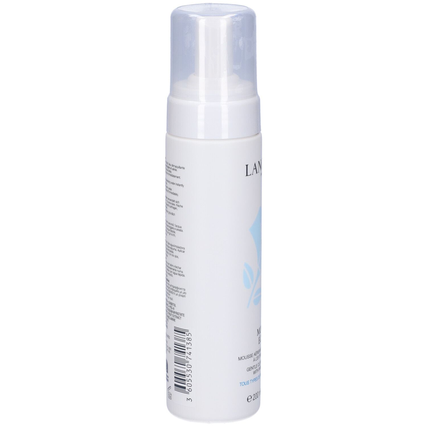 Flacone bianco con testo. Scritta: Lancôme Paris, Mousse Eclat. Codice a barre. 200 ml.