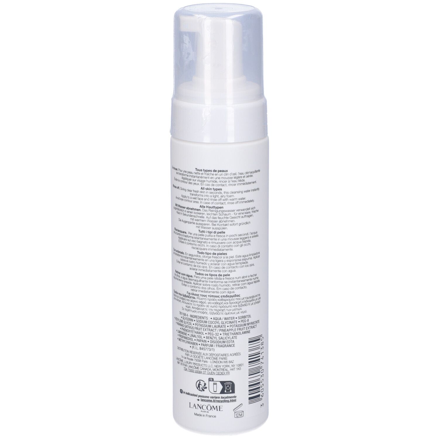 Flacone bianco con testo. Scritta: Lancôme Paris, Mousse Eclat. Testo multilingue. 200 ml.
