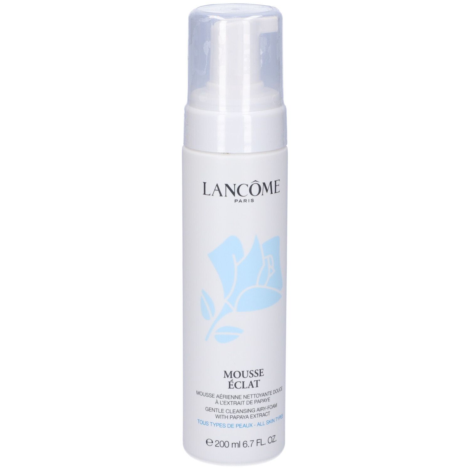 Flacone bianco con erogatore. Scritta: Lancôme Paris, Mousse Eclat. Fiore blu. 200 ml.