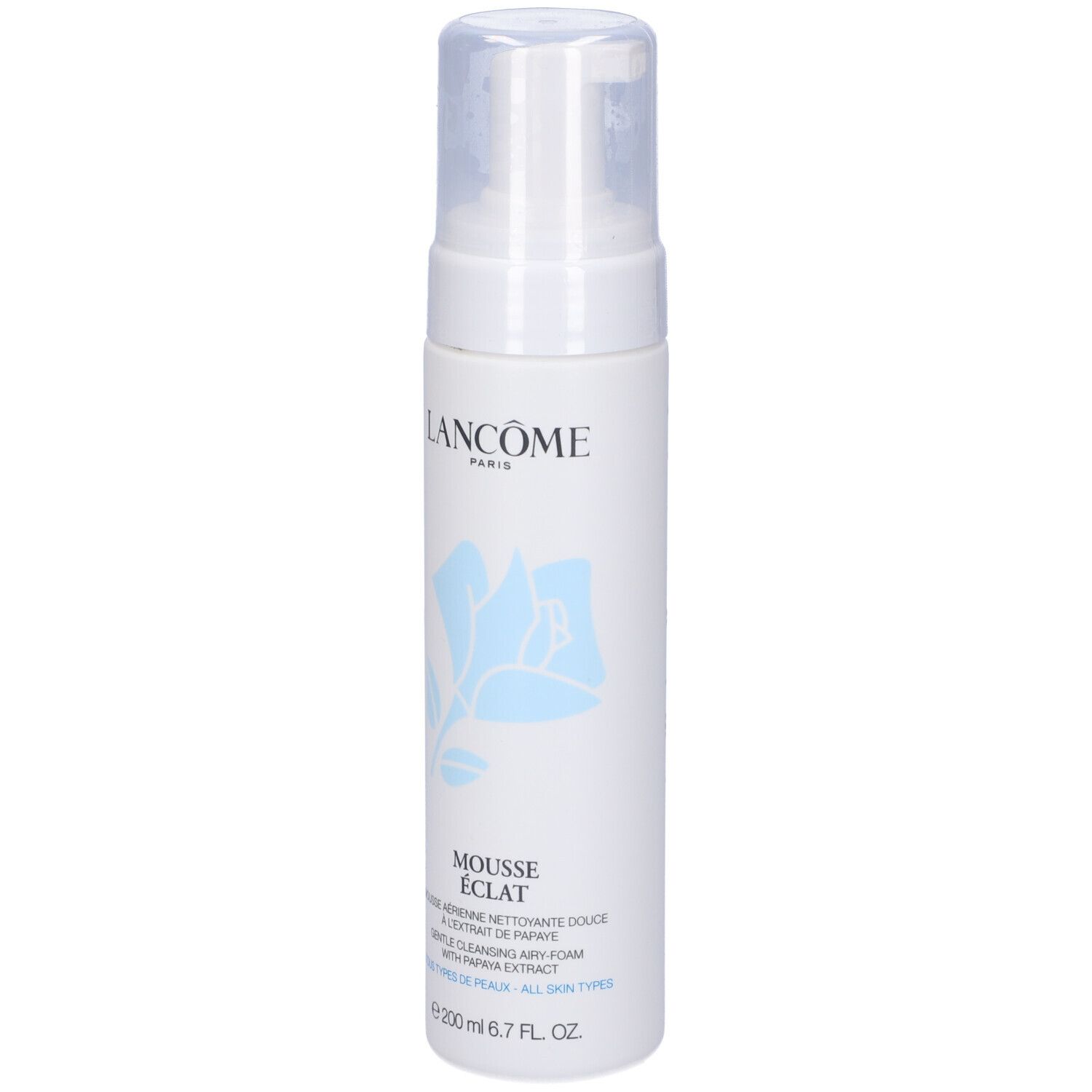 Flacone bianco con erogatore. Scritta: Lancôme Paris, Mousse Eclat. Fiore blu. 200 ml.