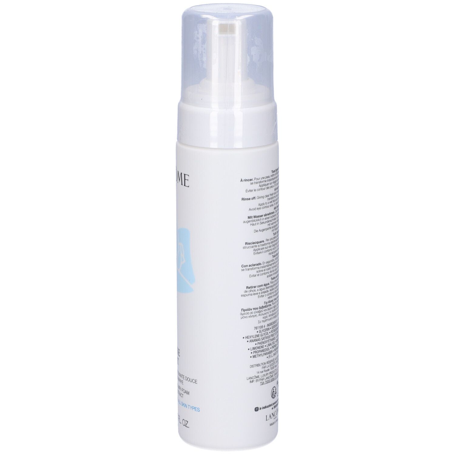 Flacone bianco con testo. Scritta: Lancôme Paris, Mousse Eclat. Testo multilingue. 200 ml.