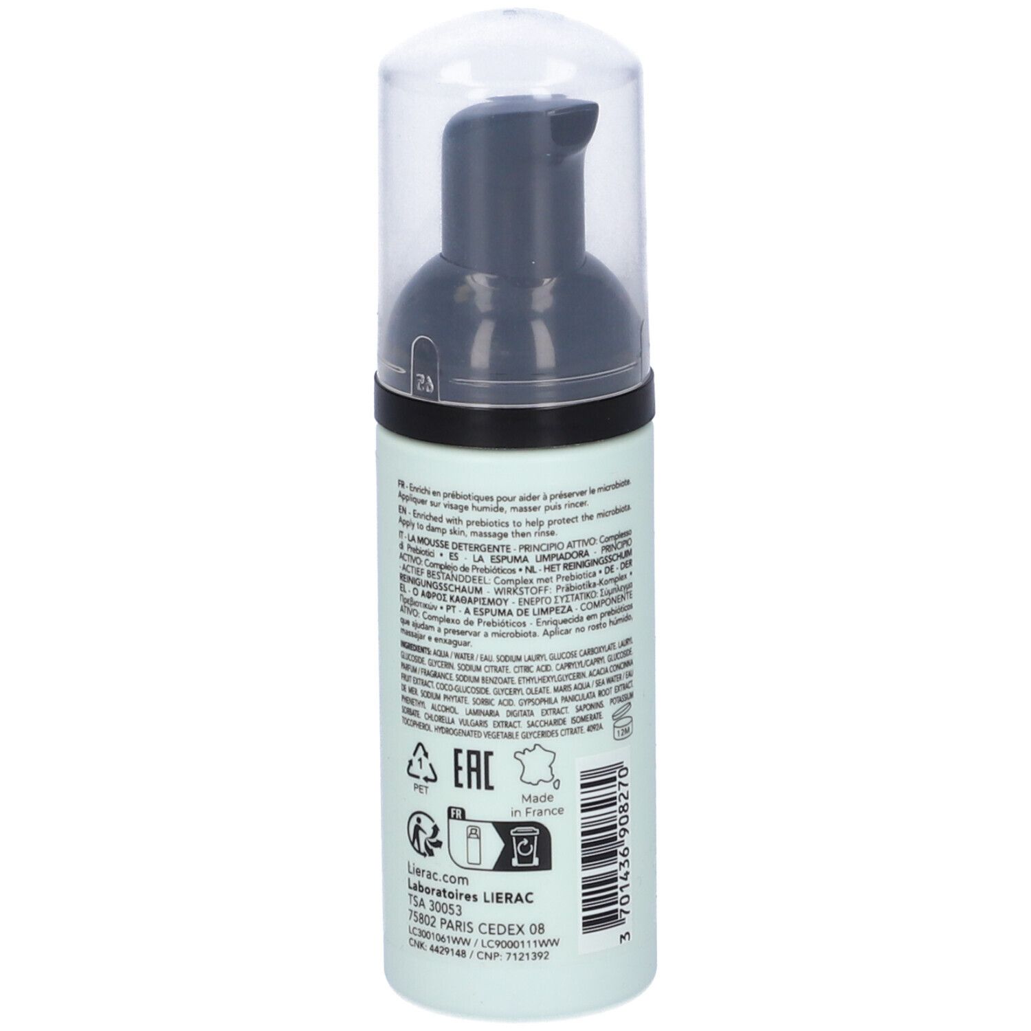 Flacone verde chiaro con erogatore nero. Retro con testo e simboli. Informazioni sul prodotto.