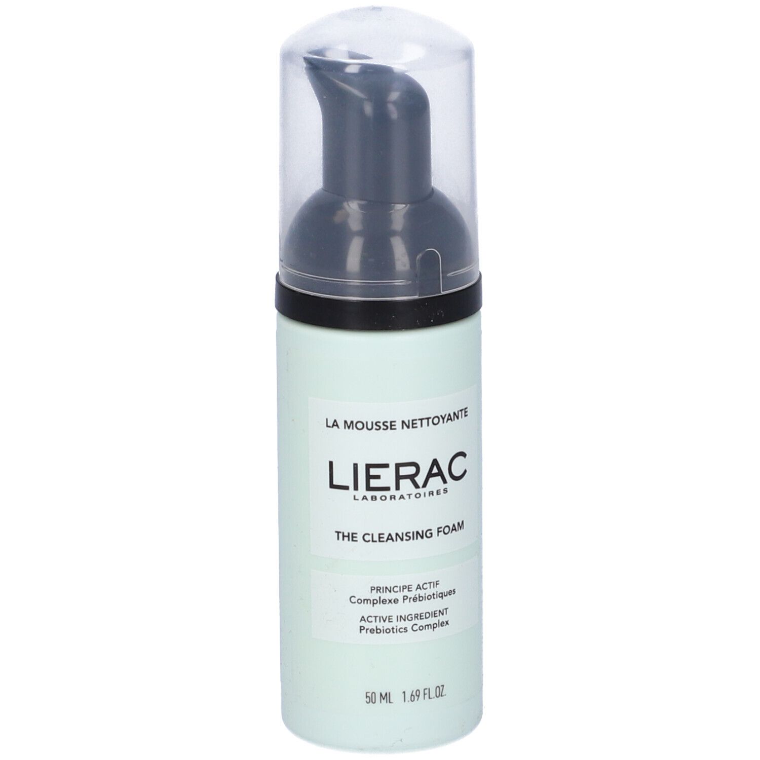 Flacone verde chiaro con erogatore nero e cappuccio trasparente. Scritta: Lierac, The Cleansing Foam.