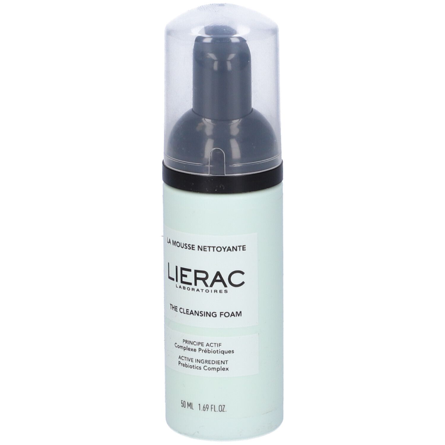 Flacone verde chiaro con erogatore nero e cappuccio trasparente. Scritta: Lierac, The Cleansing Foam.