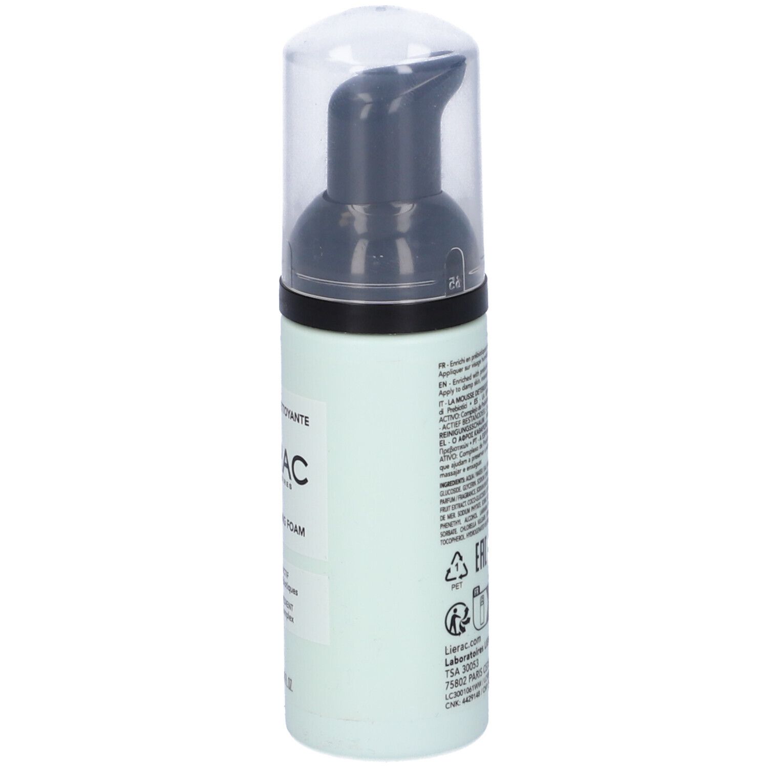 Flacone verde chiaro con erogatore nero. Retro con testo e simboli. Informazioni sul prodotto.