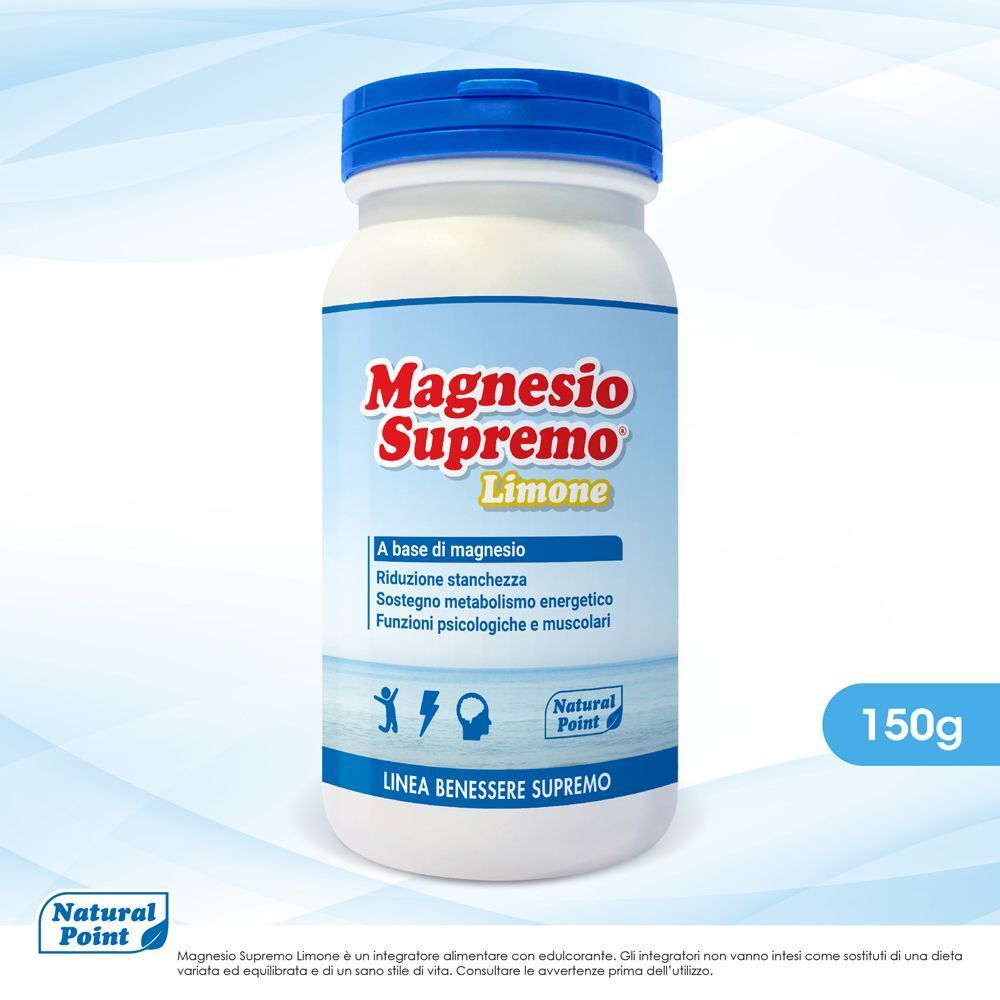Un contenitore di Magnesio Supremo Limone con etichetta e indicazione 150g.