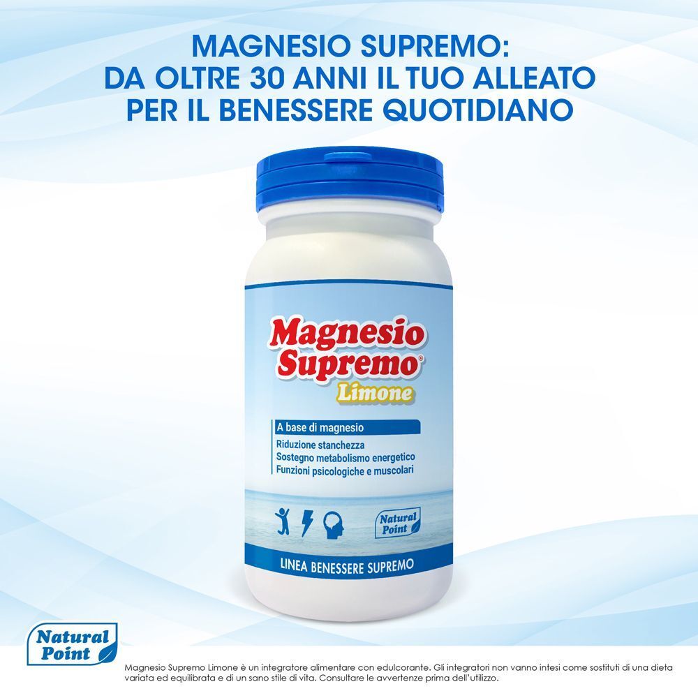 Un contenitore di Magnesio Supremo Limone con etichetta, sfondo con testo.