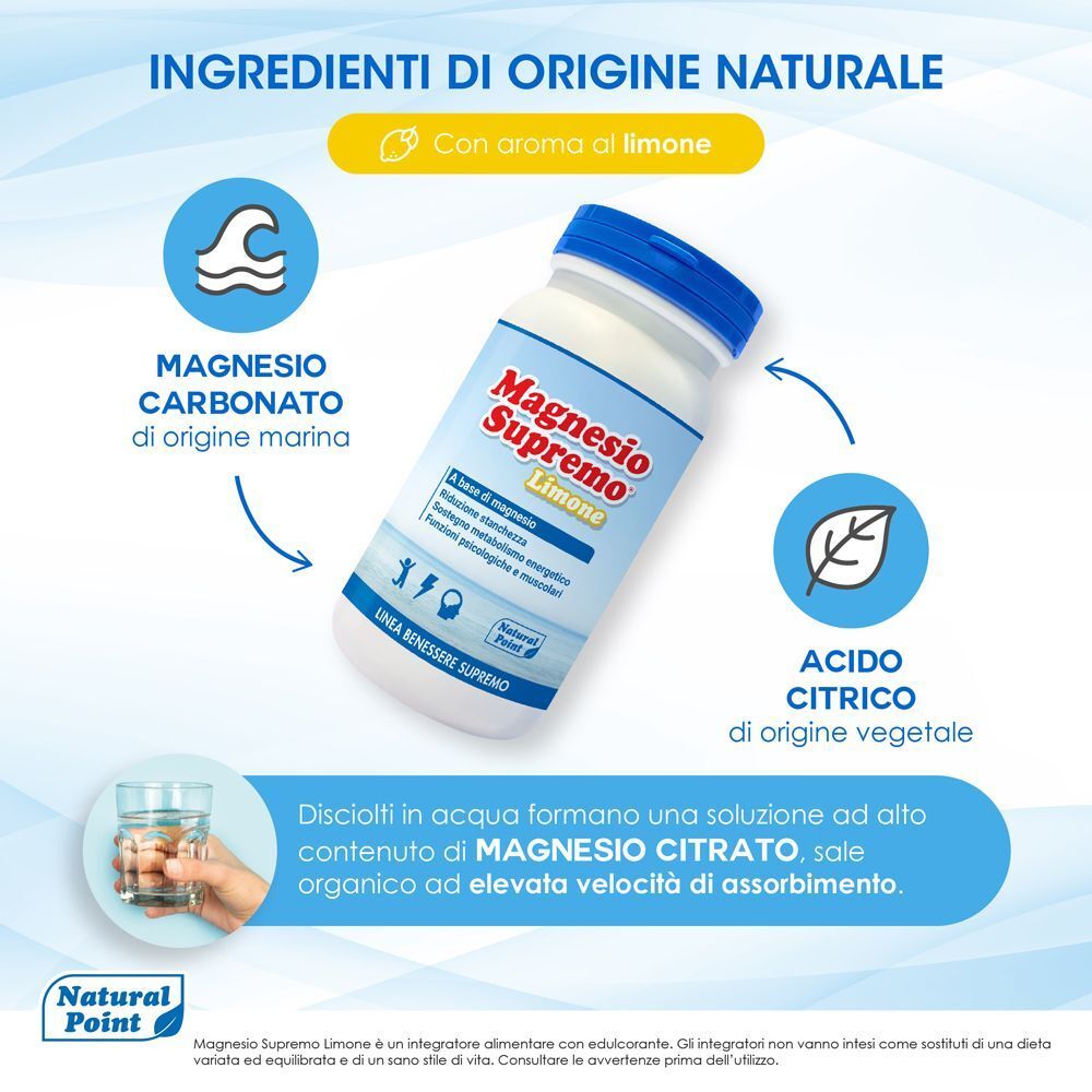 Un contenitore di Magnesio Supremo Limone con etichetta, con icone per ingredienti.
