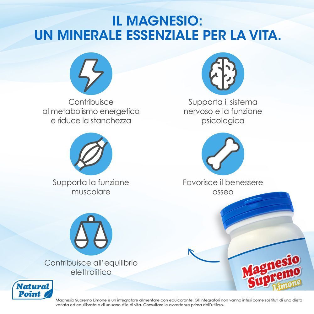 Un contenitore di Magnesio Supremo Limone con etichetta, con icone per benefici.