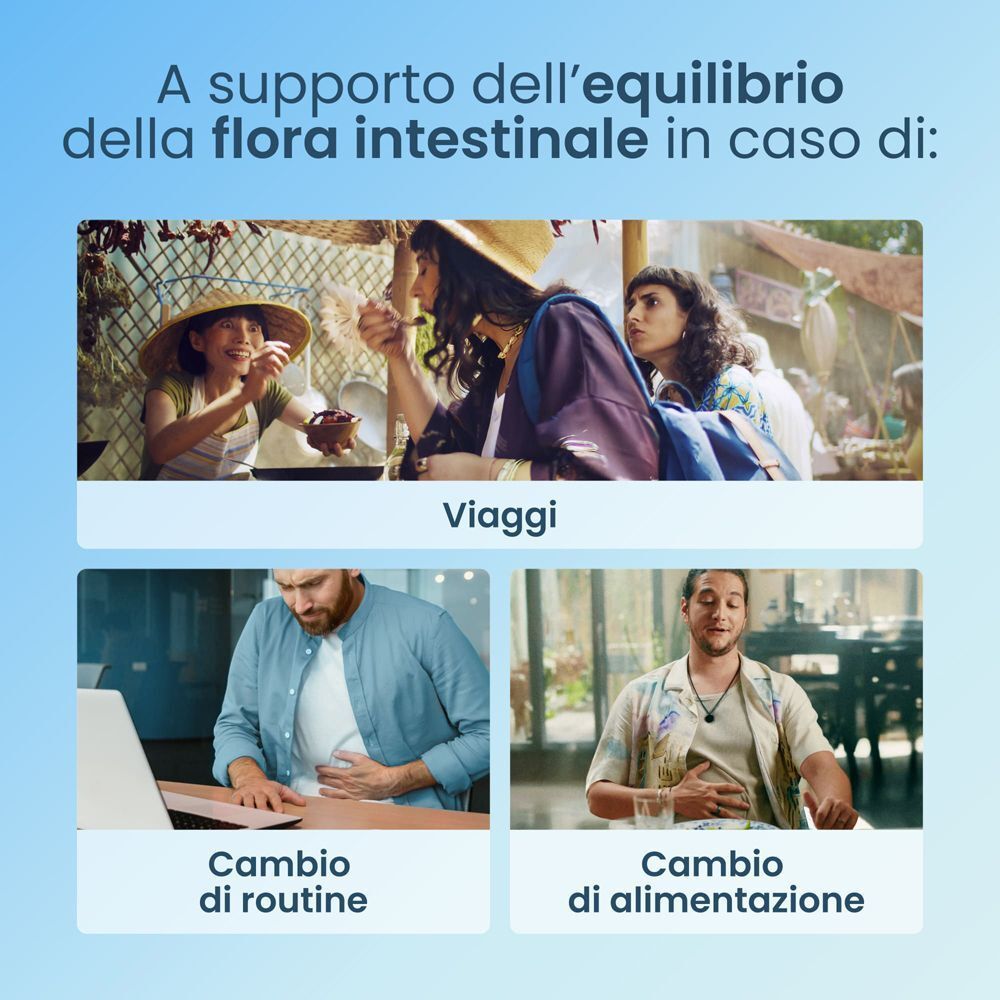 Enterogermina Viaggi supporta la flora intestinale in caso di viaggi, cambio routine e alimentazione.