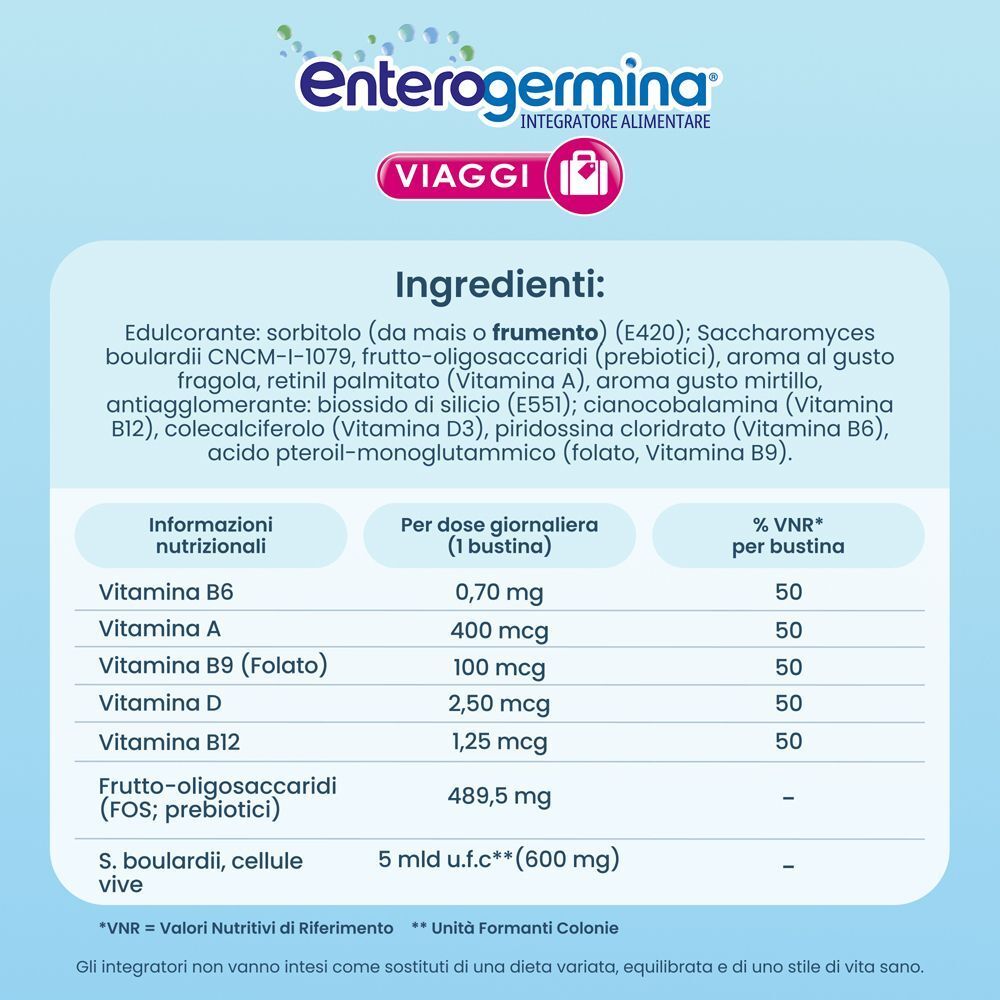 Enterogermina Viaggi: Ingredienti e informazioni nutrizionali per probiotici e vitamine.
