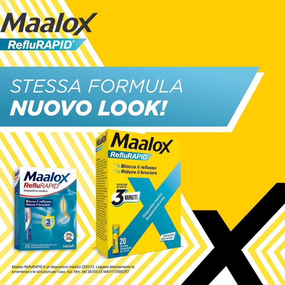 Confezioni Maalox Reflurapid con indicazione 'Stessa formula, nuovo look'.